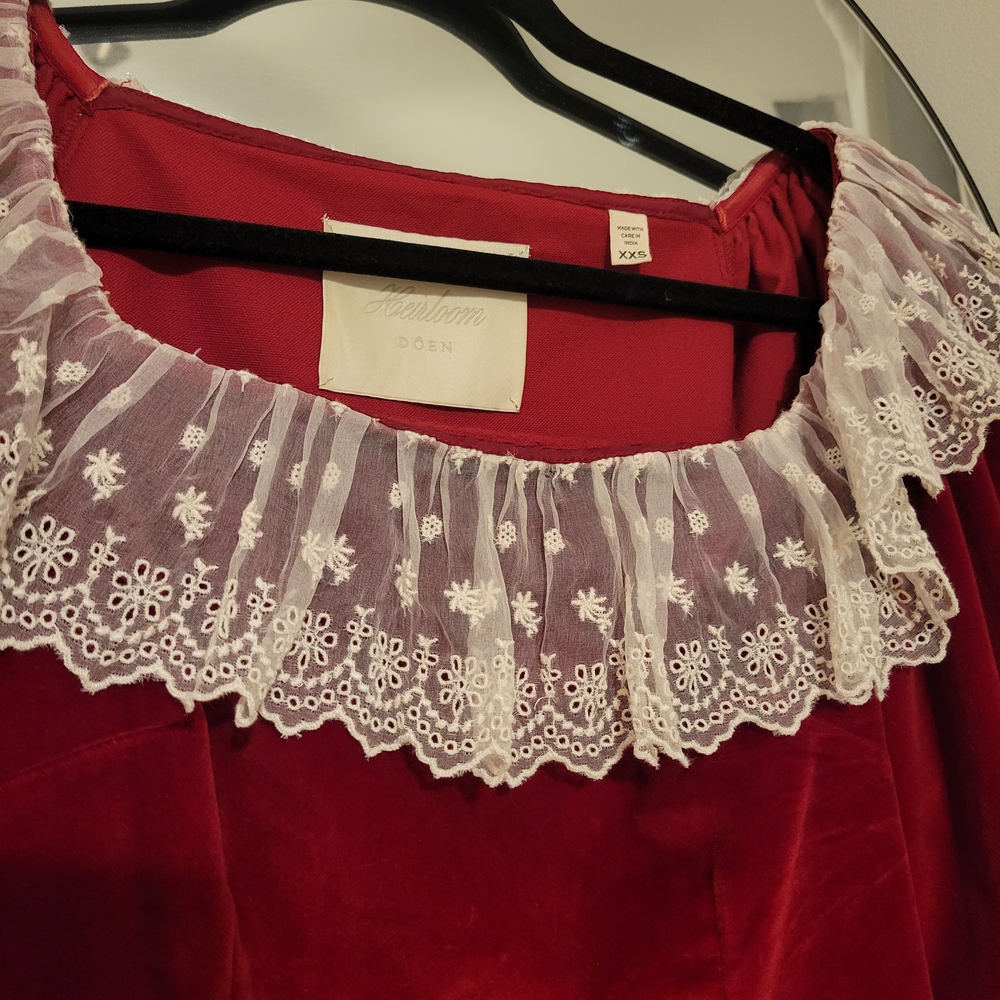 Doen Heirloom Red Velvet Mini Dress with Lace Trim - Picture 8 of 11